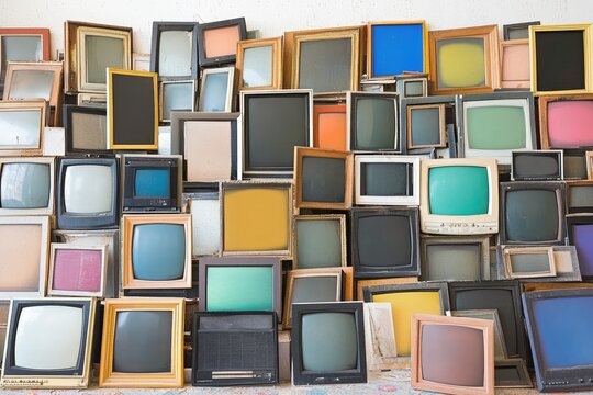 Vintage televisions in colorful frames, densely packed