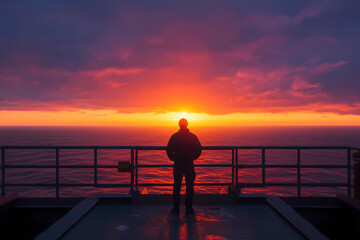 Fototapeta premium Inspiring scene of a worker witnessing an ocean sunrise from an oil platform, evoking hope
