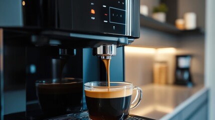A smart coffee machine with AI brewing assistant, kitchen with coffee machine preparing coffee, Home-tech style