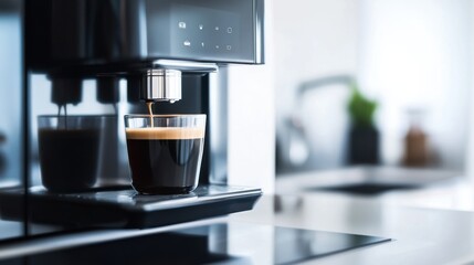 A smart coffee machine with AI brewing assistant, kitchen with coffee machine preparing coffee, Home-tech style