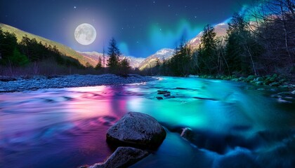 A river flowing with chakra-colored water, glowing softly under the moonlight, reflecting a peaceful aura, with each color symbolizing a different energy, creating a serene, spiritual atmosphere