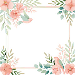 Fototapeta premium Elegant Watercolor Floral Frame with Birds A Delicate Spring or Wedding Invitation Design