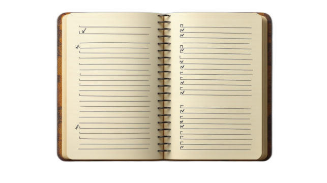 Empty notebook open on a table with a pen nearby