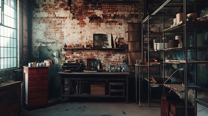 Art Studio with Rustic Brick Wall Filled with Tools and Materials