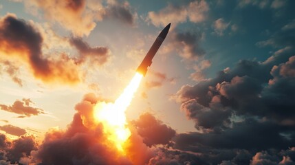 A missile is launched from a military base during dusk, creating a striking contrast against the darkening sky filled with clouds. The fiery trail lights up the area dramatically.