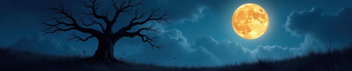 Fototapeta premium Full moon casts shadows on gnarled dead tree, Halloween backdrop , eerie, spooky background