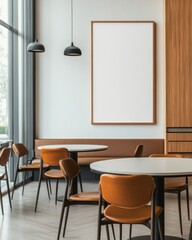 Modern cafe interior with empty poster, tables, and chairs.