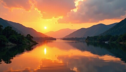 Fototapeta premium Golden sunset hues paint Mekong River & hills at Nong Khai, photography, Mekong River
