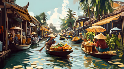 Obraz premium Floating market experience culinary illustration