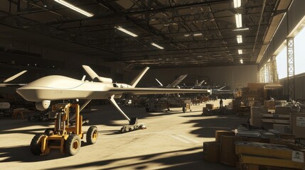 Inside a desert military drone facility, several unmanned aerial vehicles await preparation on a bright afternoon, highlighting cutting-edge technology and operational readiness.