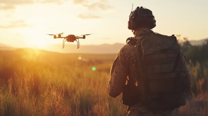 A military drone operator is preparing to launch a small unmanned aerial vehicle during sunset in a peaceful, remote environment with mountains in the background.