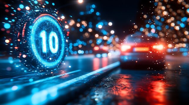 Futuristic speed limit sign on city street at night.