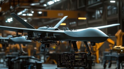 In a futuristic factory, a military drone is meticulously assembled with advanced machinery while technicians monitor the process using sophisticated equipment.