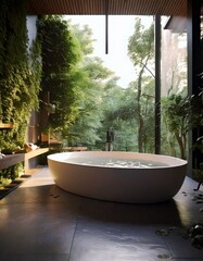 Fototapeta premium A modern wellness space with an infinity-edge soaking tub, minimal textures, and greenery. 