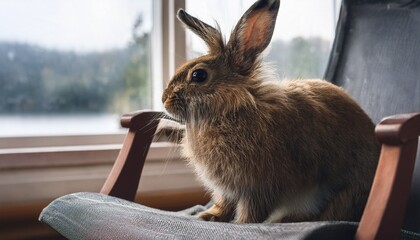 A rabbit with messy fur sits perched on a chair, gazing curiously out the window, captivated by the world beyond.

