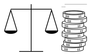 Balance scales paired with stacked coins conveying financial justice, decision-making, or cost assessment. Ideal for equality, fairness, wealth management, budgeting, economics, law investments