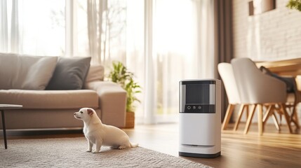 A smart digital pet feeder, living room with pet feeding via automated system, Pet-tech style