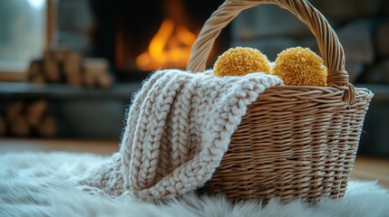 Obraz premium Cozy basket with knitted throw by fireplace