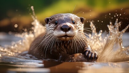Obraz premium A playful otter with slick, wet fur slides joyfully down a muddy riverbank, creating a splash as it dives into the shimmering water. 