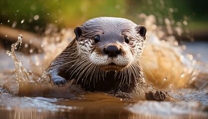A playful otter with slick, wet fur slides joyfully down a muddy riverbank, creating a splash as it dives into the shimmering water.

