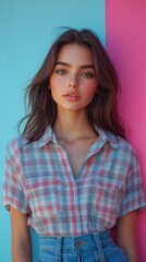 Fototapeta premium The image is a close-up shot of a young woman's upper body. The focus is on her face and neck, showcasing smooth skin and subtle makeup. Her dark brown hair is loosely styled, framing her face. She