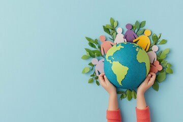 Colorful representation of a diverse community holding a globe surrounded by leaves, symbolizing unity and environmental awareness, perfect for eco friendly projects