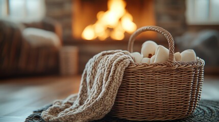 Obraz premium Cozy winter scene with basket, fireplace, and blanket