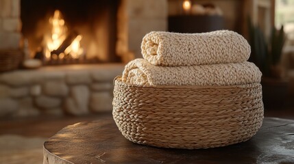 Obraz premium Cozy stacked towels in a basket by a fireplace