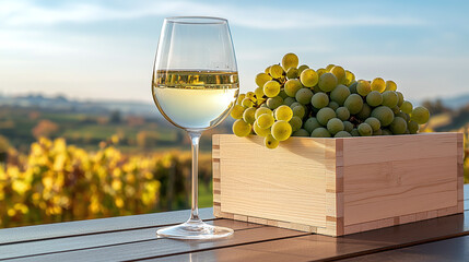 An elegant glass of wine stands next to a box of juicy grapes against the background of picturesque vineyards under the rays of the sunny sky