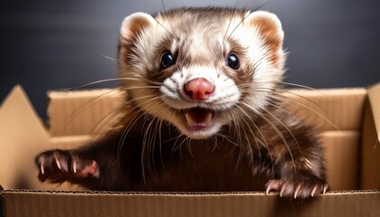 A playful pet ferret with messy fur leaps excitedly out of a cardboard box, eyes wide with curiosity and joy, mid-jump in a cozy indoor setting.

