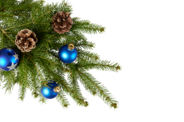 christmas tree branch with ornament decoration corner border isolated on white or transparent png