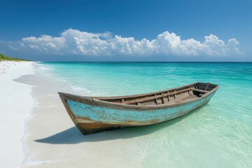 Naklejka premium Old wooden boat on a pristine beach, turquoise water. Perfect for travel, vacation, or relaxation themes, evokes tranquility.