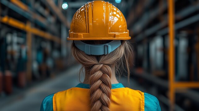 The image showcases the back of a woman's head, her long blonde hair styled in a braid.  She wears a bright yellow hard hat and a teal and orange safety vest.  The background is heavily blurred,