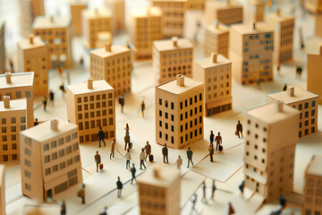 段ボールの街並みとビジネスパーソン