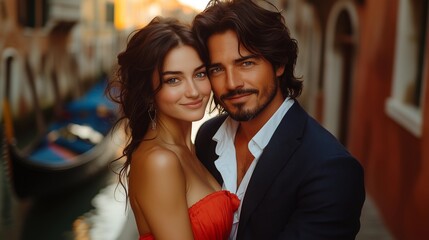 Close-up portrait of a young, attractive couple embracing. The woman wears a red strapless dress, and the man wears a dark suit and open-collared shirt.  The background is blurred, showing a Venetian