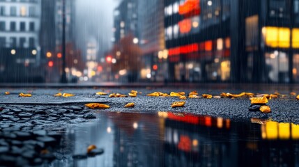 Urban Rainy Streetscape with Yellow Leaves in Puddles and Blurred City Lights at Night