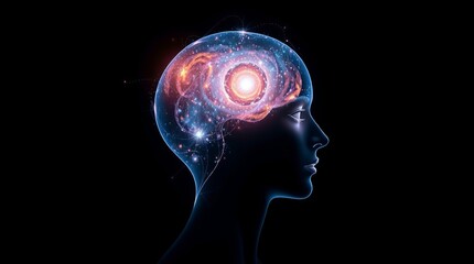 Obraz premium A surreal illustration of a human head in profile, showcasing a galaxy within the brain, symbolizing creativity and imagination.
