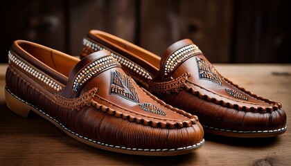 A pair of intricately designed tribal moccasins made from soft, finely tanned leather, adorned with vibrant beadwork along the edges, reflecting traditional craftsmanship and cultural heritage.
