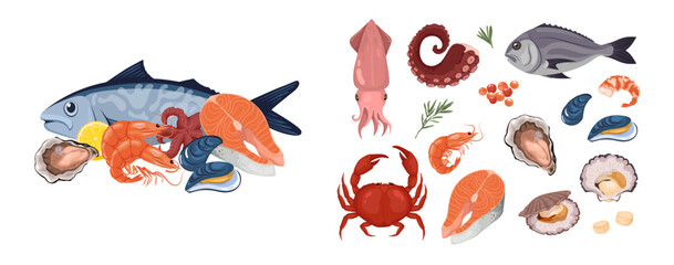 Cartoon set ocean seafood. Shrimp or crab