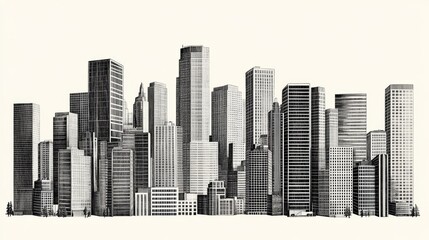 Fototapeta premium Cityscape design depicting towering skyscrapers in black and white against plain background