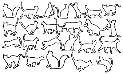 Vector illustrations of elegant cat outline in diverse poses, perfect for pet themed designs, capturing the grace and movement of felines