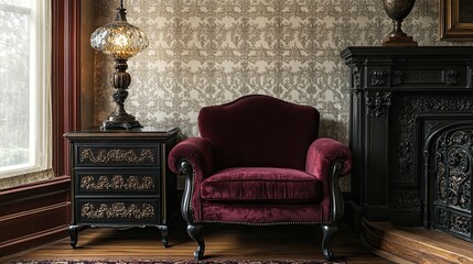 A Victorian parlor featuring a burgundy clawfoot loveseat