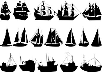 ships set silhouette, vector on white background