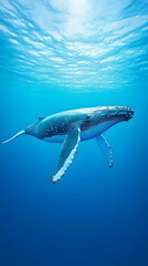 Fototapeta premium Majestic humpback whale gracefully swims in deep blue ocean, sunlight filtering from above