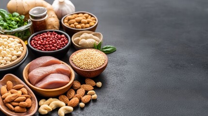 A vibrant assortment of nuts, seeds, and fresh ingredients arranged in bowls on a dark surface, perfect for meal preparation or healthy eating.