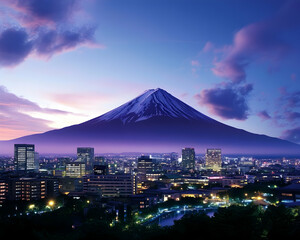 Majestic volcano at twilight, overlooking a city skyline bathed in soft light