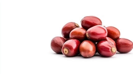 Pile of red fruits. Close-up view of a cluster of small, round, reddish-brown fruits