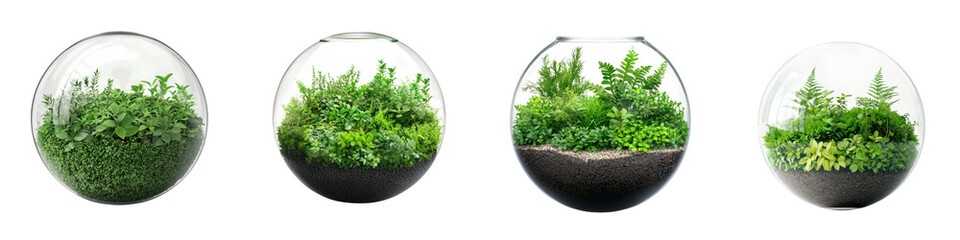 Four terrariums filled with vibrant green plants and moss showcased in transparent glass spheres or bowls creating a serene and natural indoor display