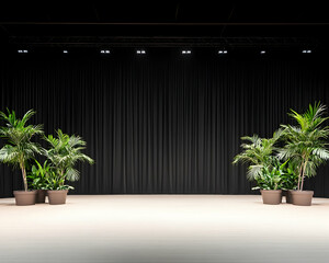 Minimalist stage setup with black curtains and potted plants