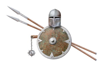 medieval helmet shield chain mace and two spears isolated on white